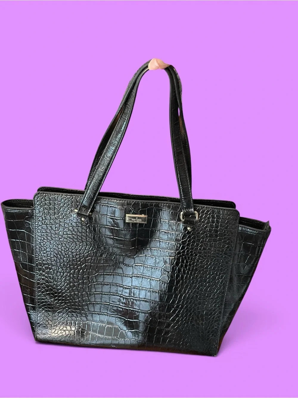 Y2K Kate Spade New York black croc work bag footed zipper top